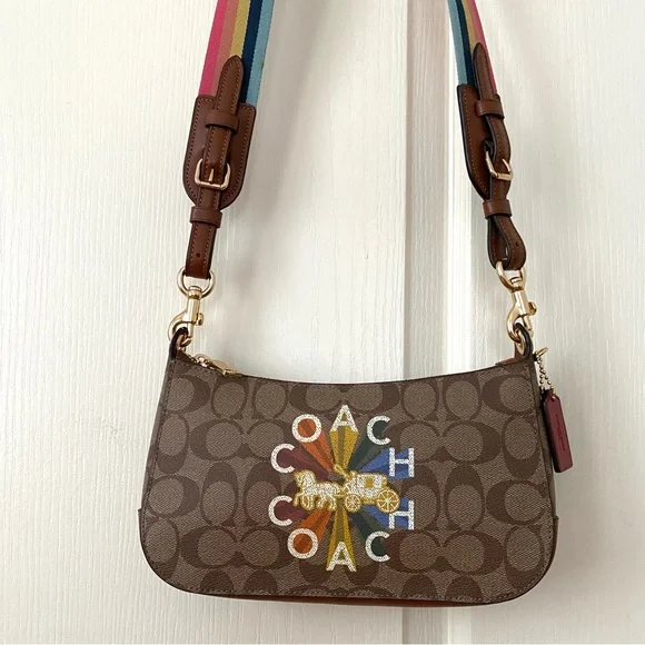 $328 Coach Jes Baguette Signature Canvas Radial Rainbow Leather Crossbody C6817 - Picture 4 of 16